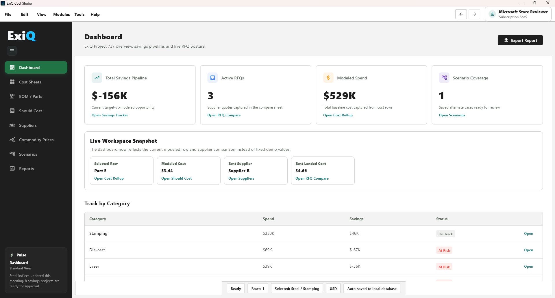 ExiQ Cost Studio Enterprise desktop workspace